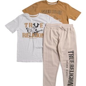 True Religion White and Tan Graphic Tee with Cream Sweatpants